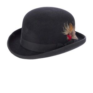 Derby Capas Design Wool Classic Black Bowler Hat Size L with Feather Accent